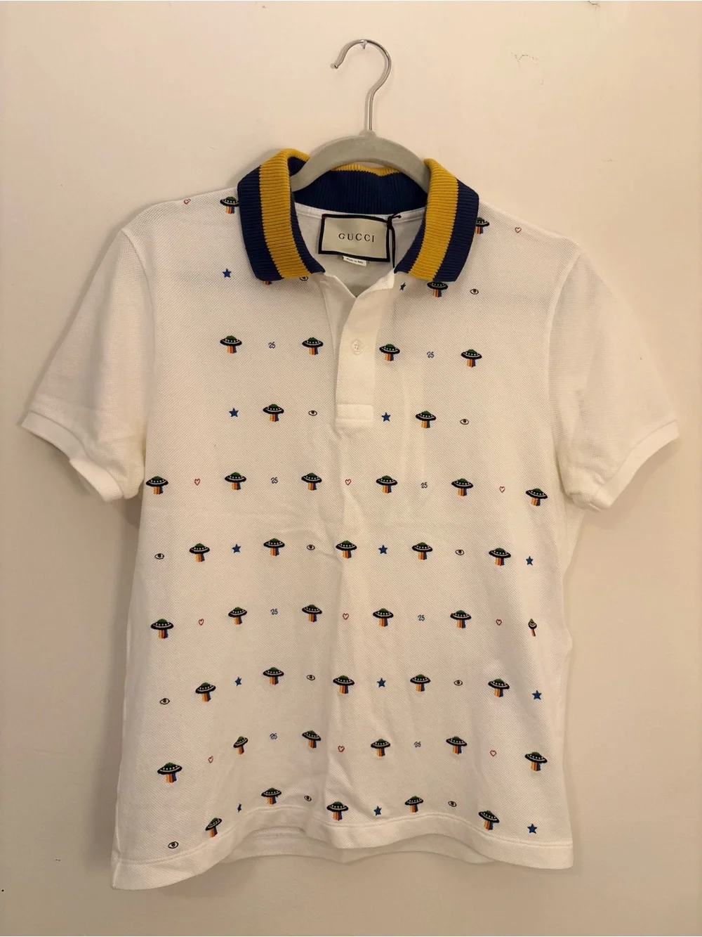 Gucci White Polo Shirt Men’s Small Embroidered with Contrast Collar